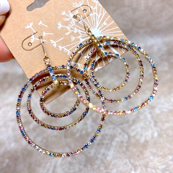 Brand New Pastel Rainbow Multicolored Triple Circle Rhinestone Drop Earrings - Picture 8 of 16